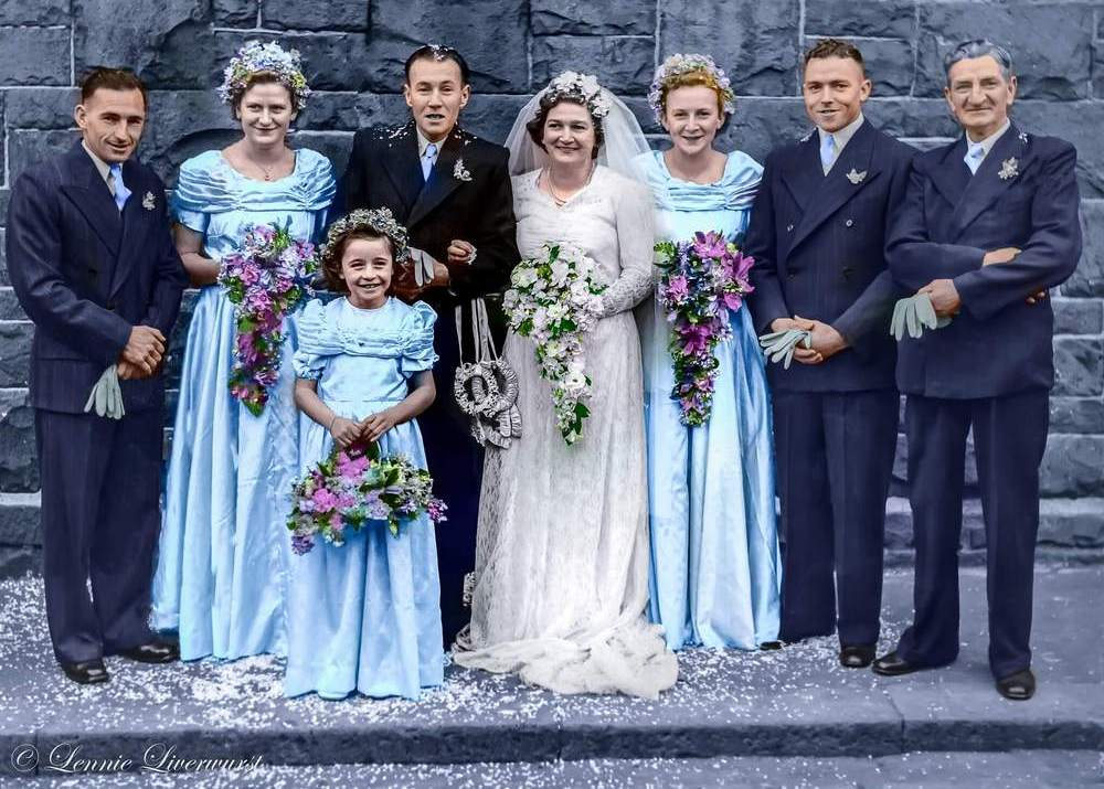 A wedding photo (1948) from the family photo album. Colorized by Lennie Liverwurst